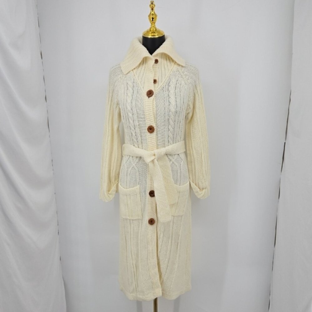 Vintage Dawn International Cream Cable Knit Cardigan Long with Belt Size Medium
